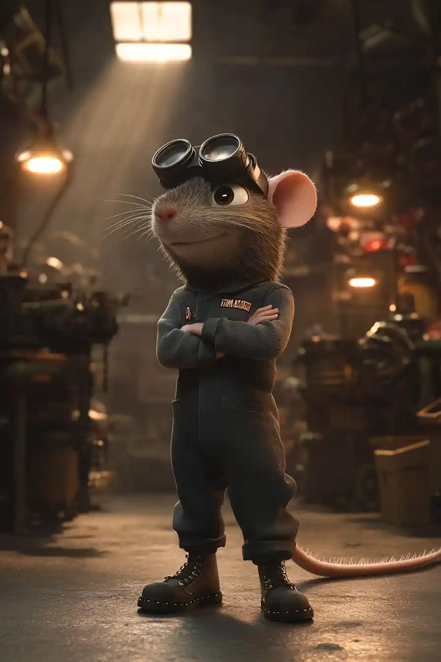Ratto meccanico magro in stile cartoon in un'officina dall’atmosfera cupa