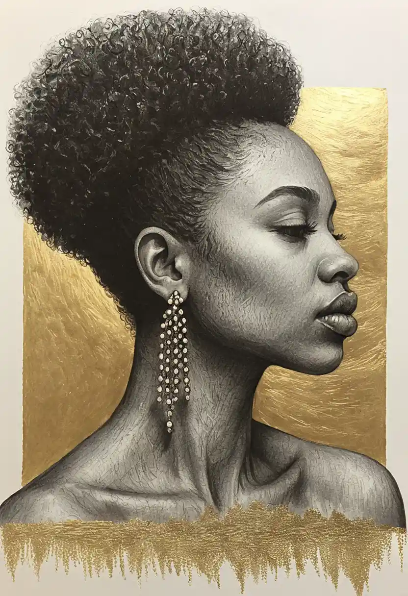Graphite profile portrait of a young woman with afro hair