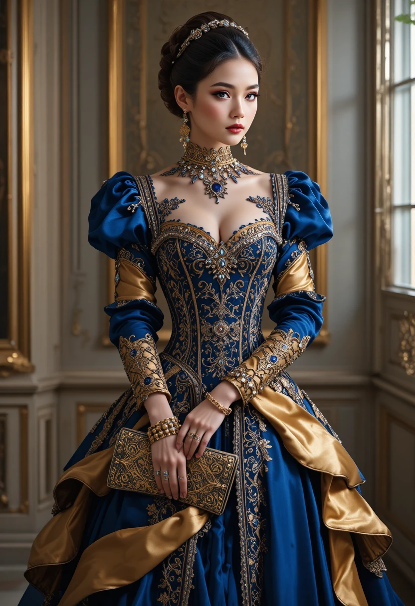 Illustrazione di moda regale con donna in abito reale color zaffiro