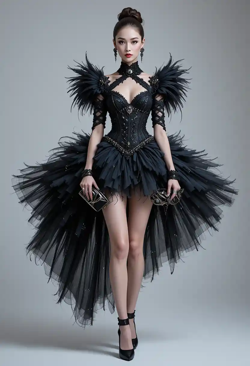 Couture-Modeillustration einer Frau im schwarzen Federkleid