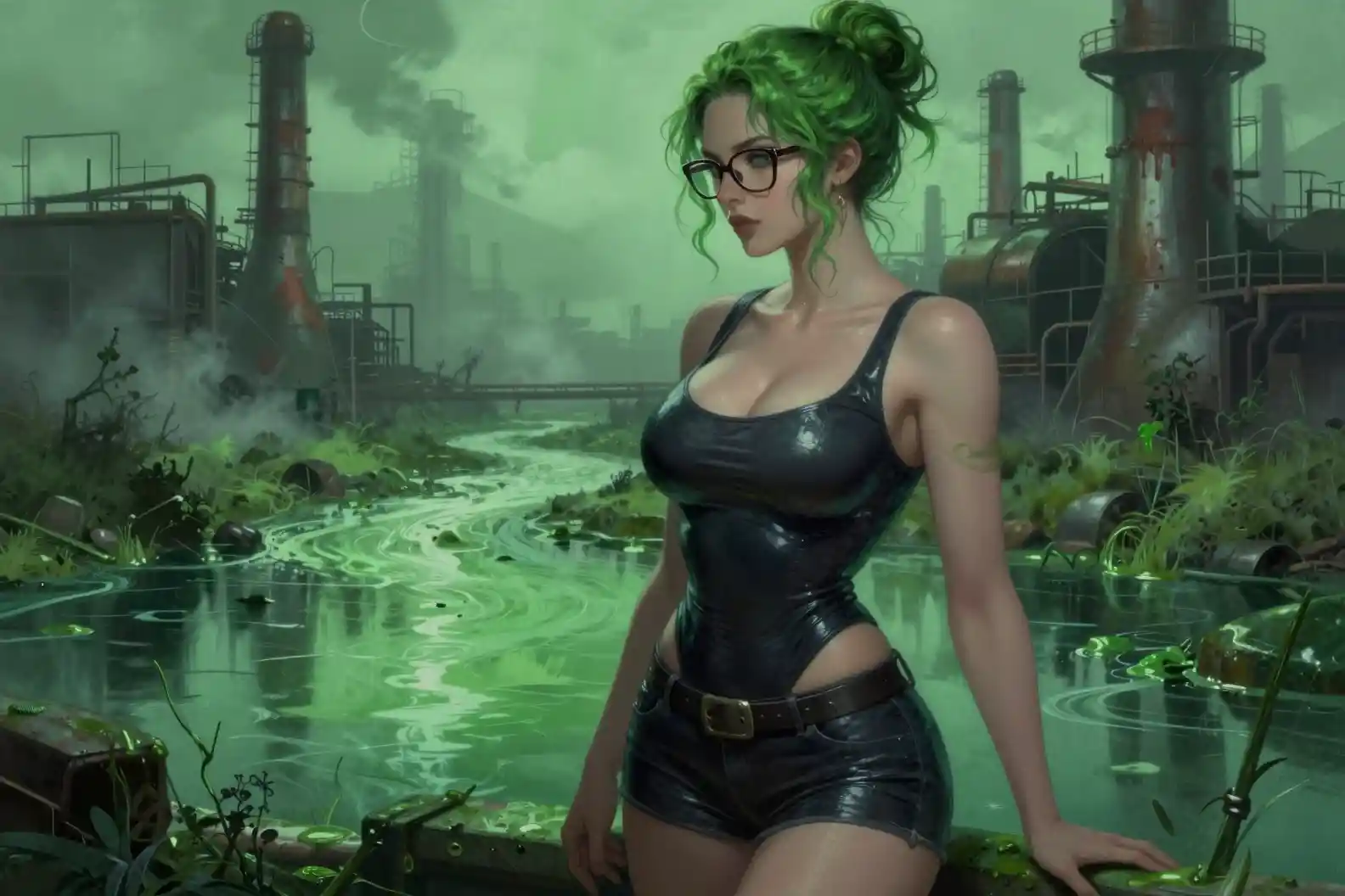 Curvy woman in glasses beside toxic green industrial river