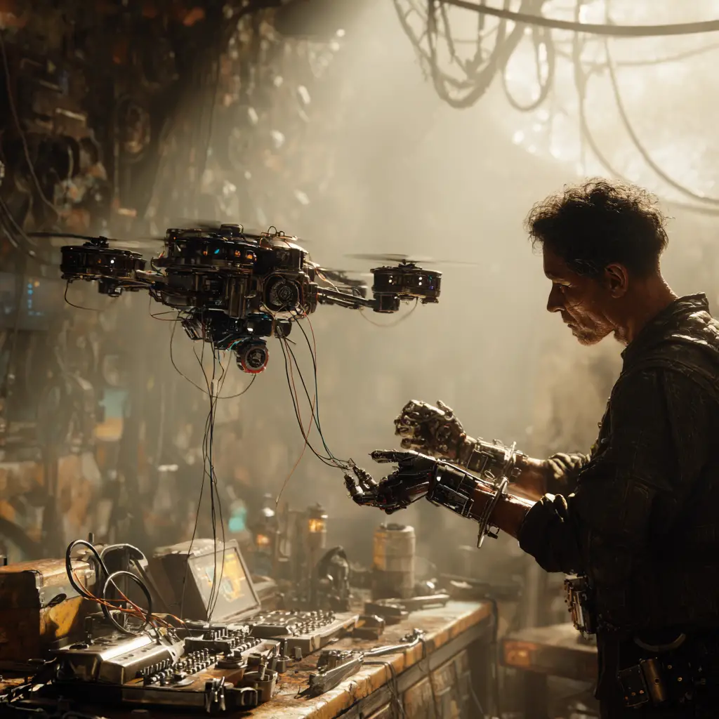 Engineer Controlling Floating Bio Mechanical Repair Drone In Workshop