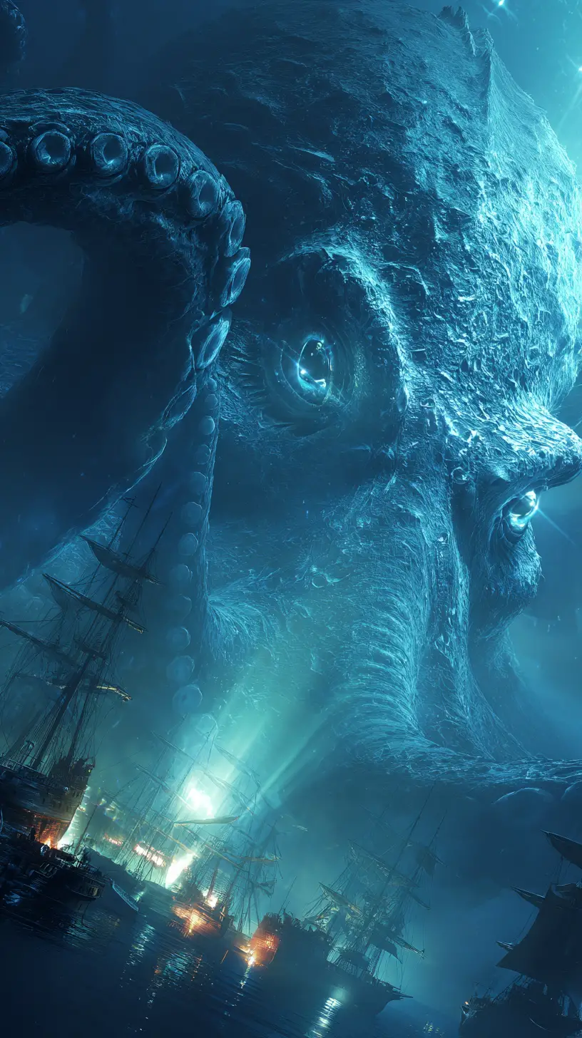 Menacing Kraken Close Up With Sunken Pirate Ship