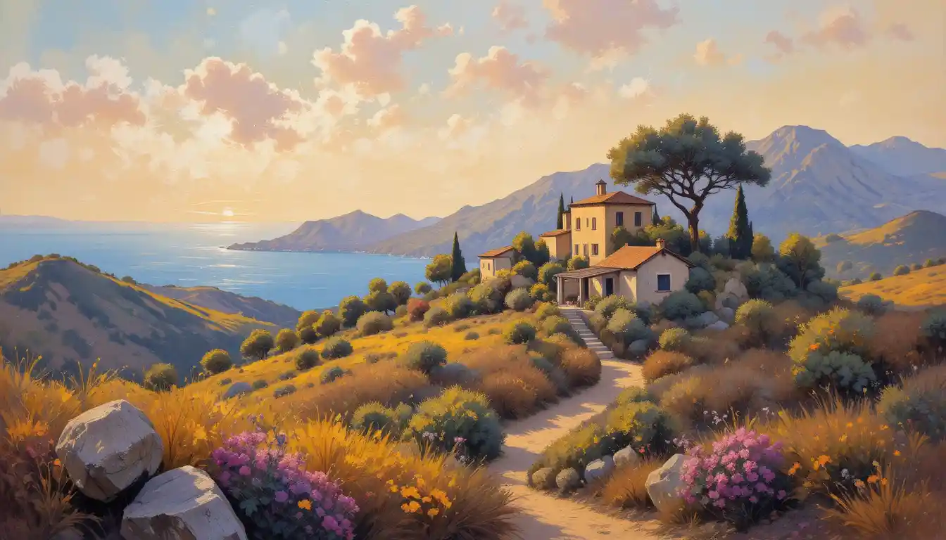 Impressionist view of a Sicilian farmhouse in warm countryside