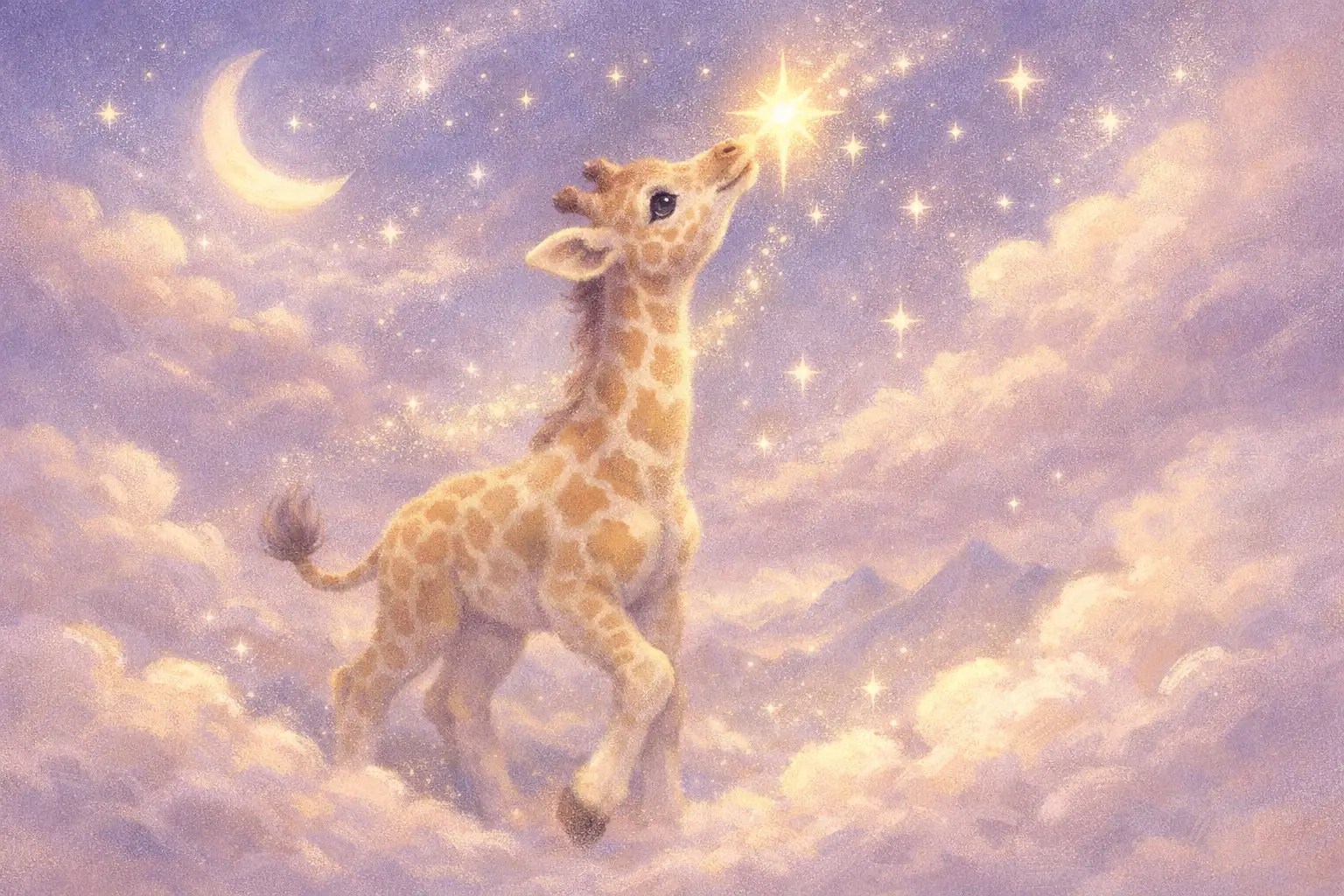 Baby giraffe reaching for glowing stars in dreamy sky