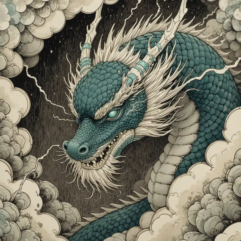 Drache, der sich durch Sturmwolken windet – Detail aus japanischem Gemälde