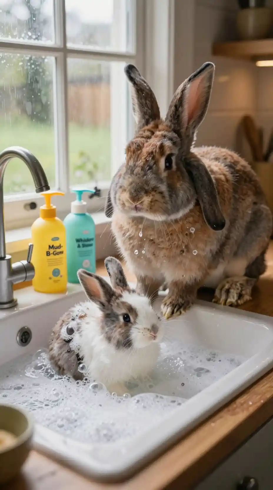 Mother rabbit bathing baby bunny in farmhouse kitchen sink