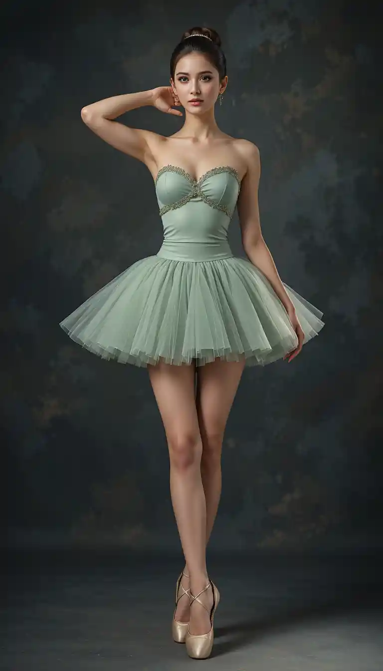 Donna elegante in posa da balletto con lingerie salvia e tutù