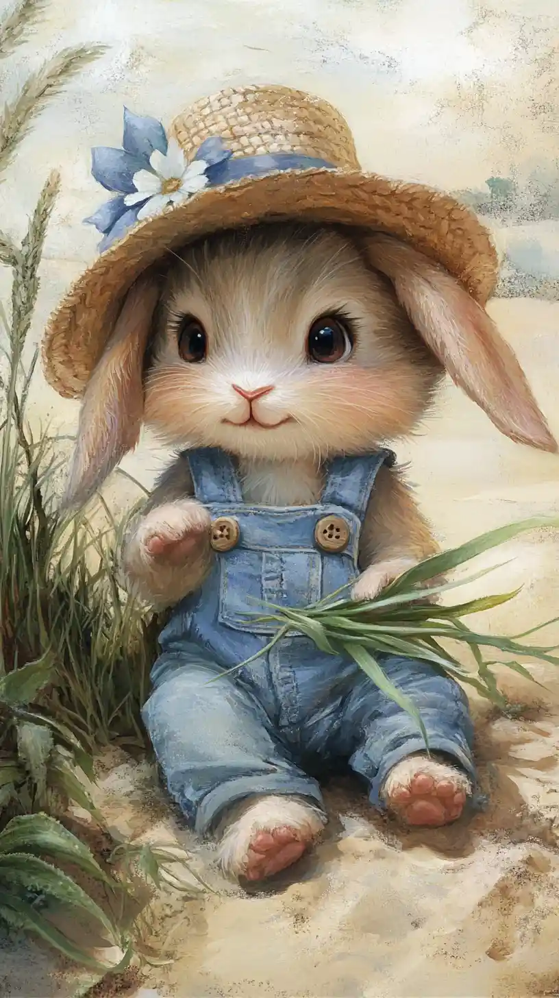 Cute baby rabbit in denim overalls on a sandy beach