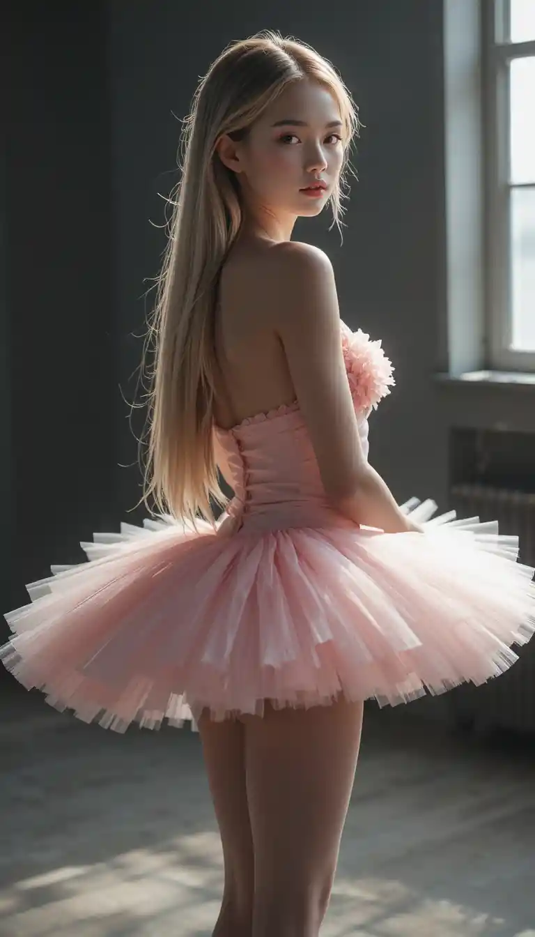 Elegant ballerina posing softly in dramatic studio light