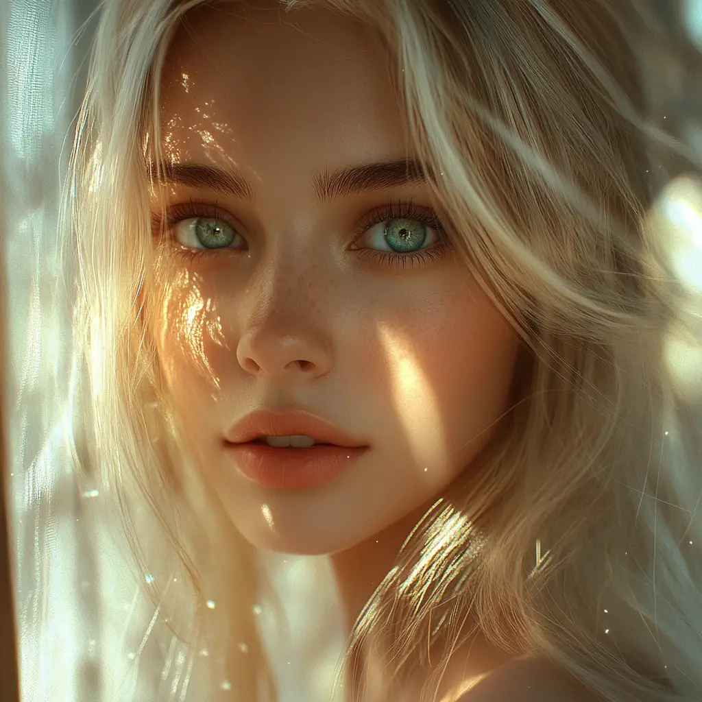 Young blonde woman by a sunny bedroom window