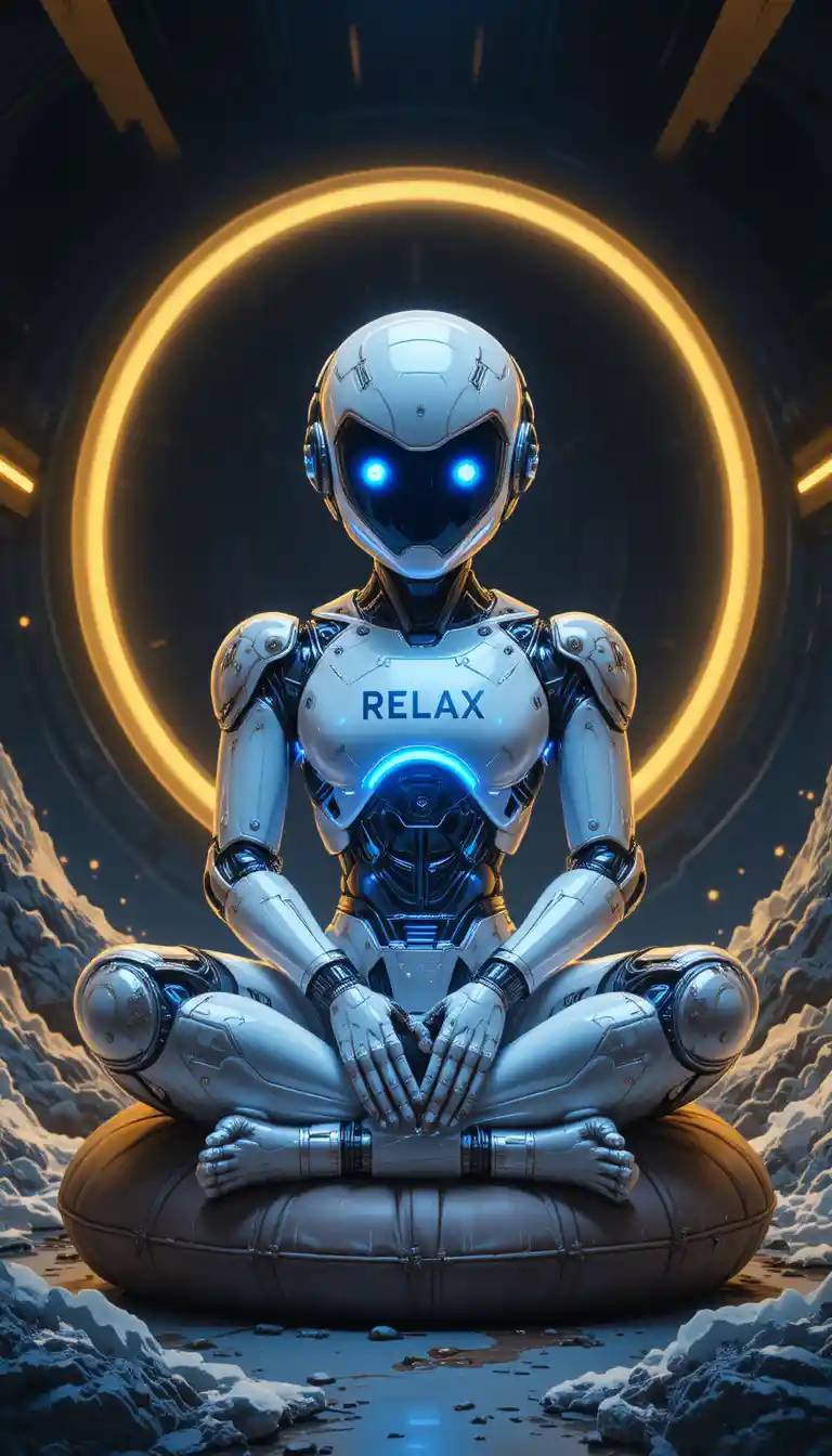 Relaxed white robot meditating with glowing blue lights