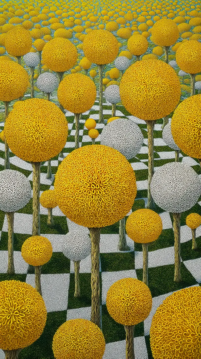 Paysage surréaliste doré avec arbres pissenlits et route en damier