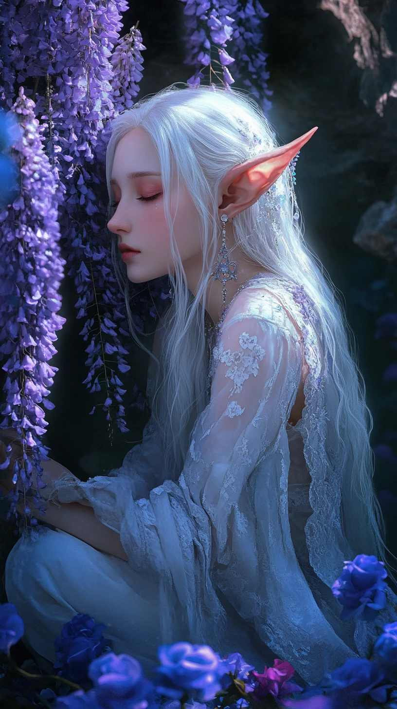 Kneeling elf girl in glowing wisteria cave