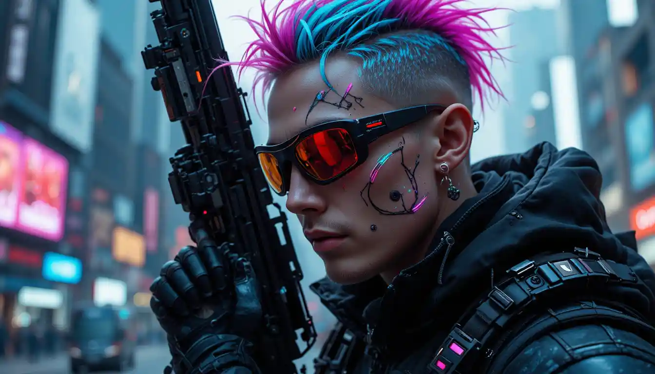 Futuristic cyberpunk man posing in tactical layered fashion