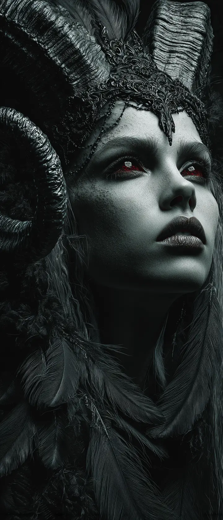 Gothic horned woman portrait in dramatic monochrome light