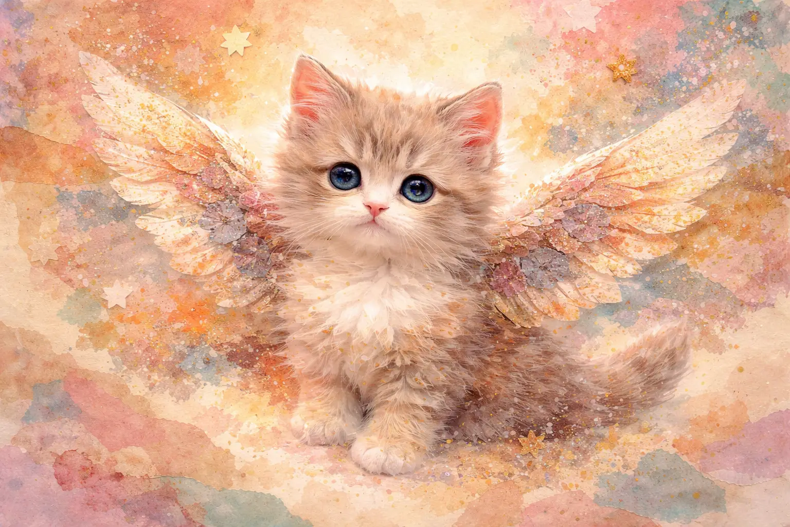 Whimsical mixed media collage of a winged fluffy kitten