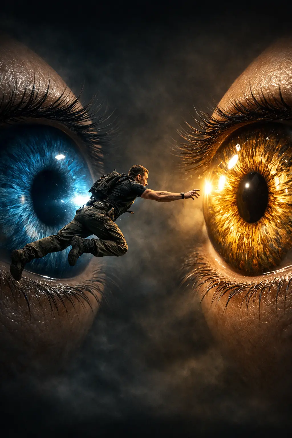 Man leaping between giant glowing eyes in surreal space