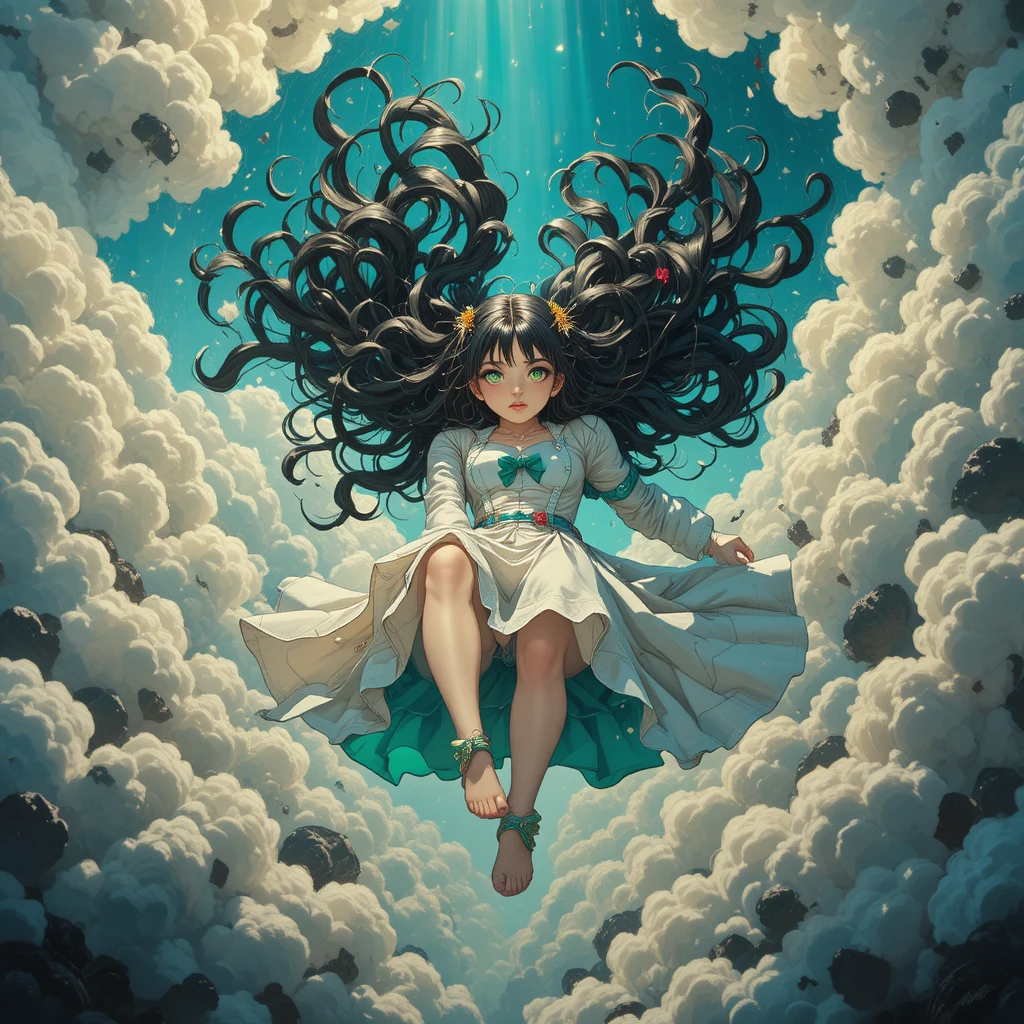 Chica de anime con atuendo futurista cayendo entre nubes brillantes