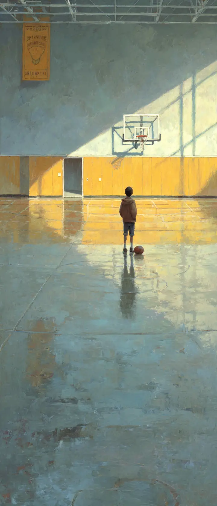 Lonely boy standing in empty school gymnasium at dusk