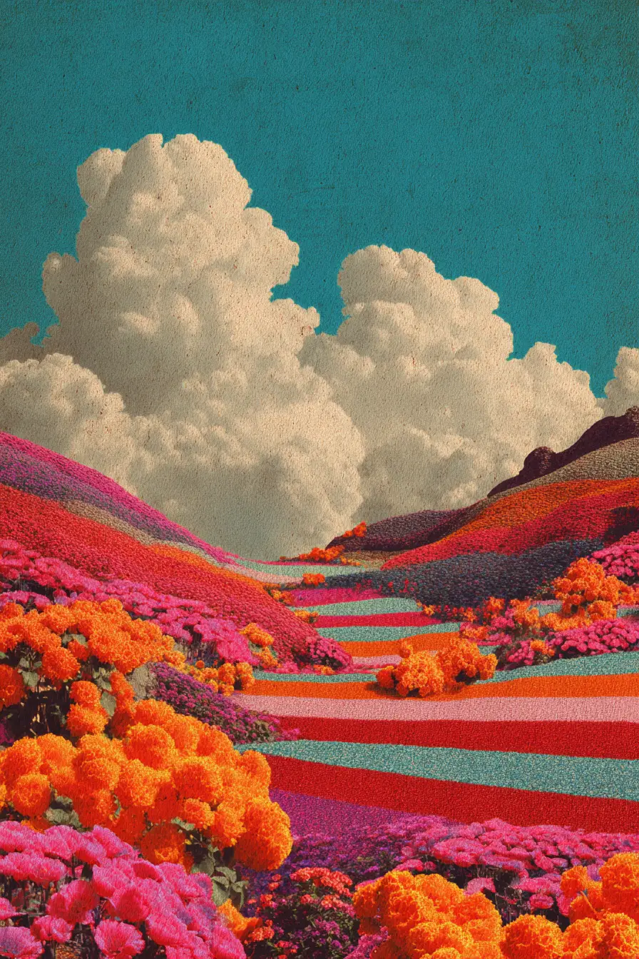 Colorful Woolen Striped Surreal Landscape With Flowers