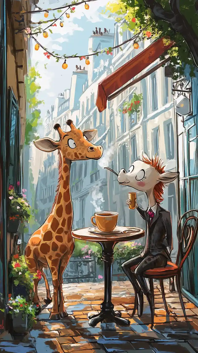Ippopotamo e Giraffa che Bevono Tè in un Caffè di Strada a Parigi