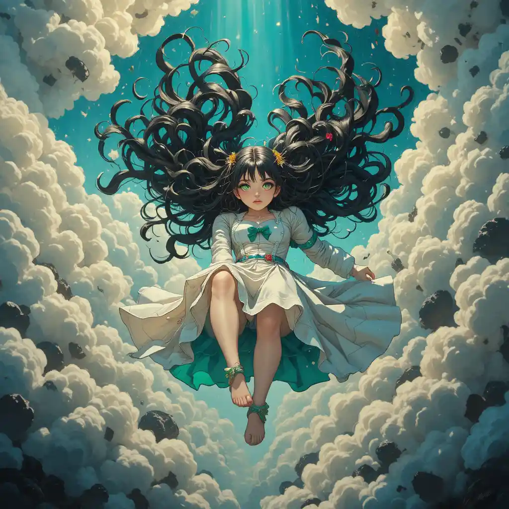 Ragazza anime in outfit futuristico che cade tra nuvole luminose