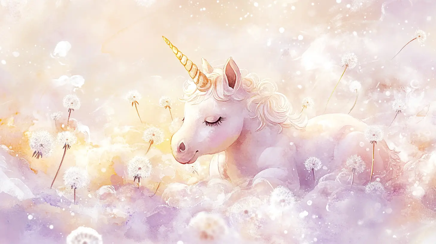 Baby unicorn resting among floating dandelions watercolor art