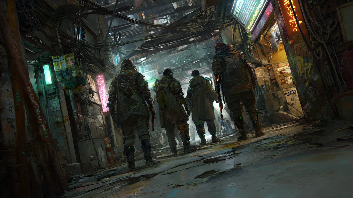Cyberpunk gang in a gritty underground alleyway with neon vials