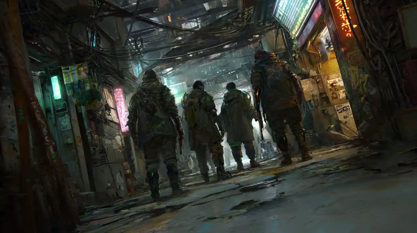 Cyberpunk gang in a gritty underground alleyway with neon vials