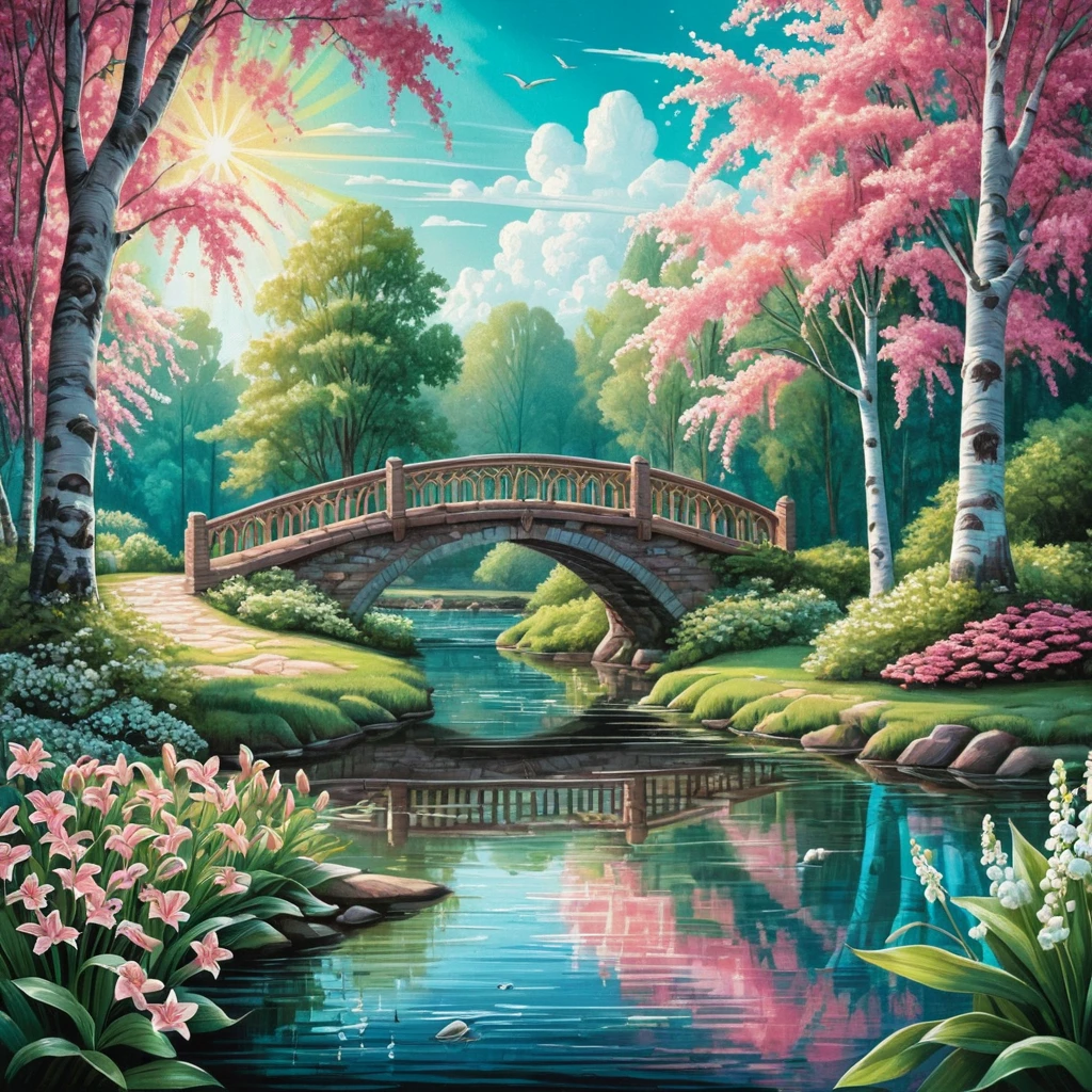 Summer park with birch trees bridge and river in pastel colors