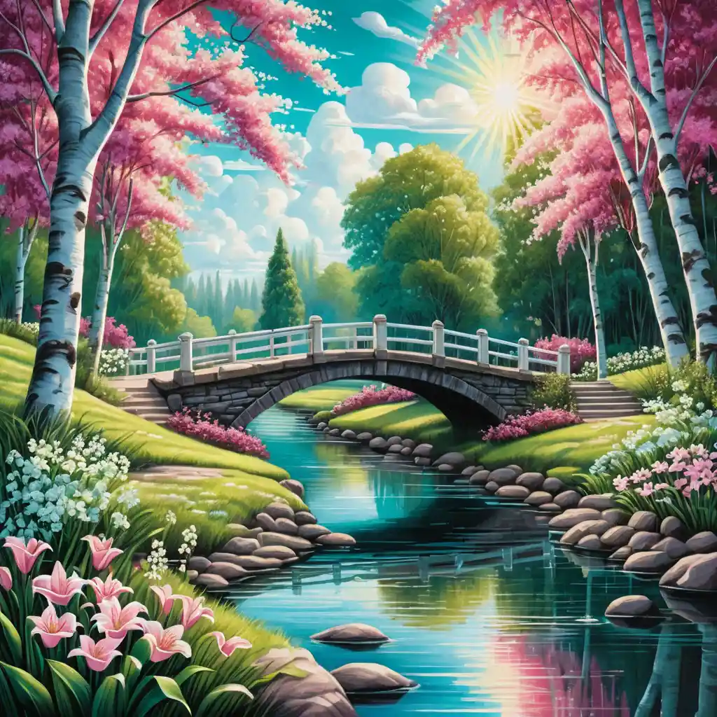 Colorful summer park with river bridge and birch trees