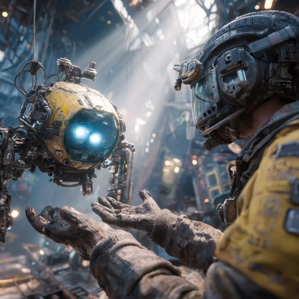 Cyberpunk engineer with floating repair drone in industrial den