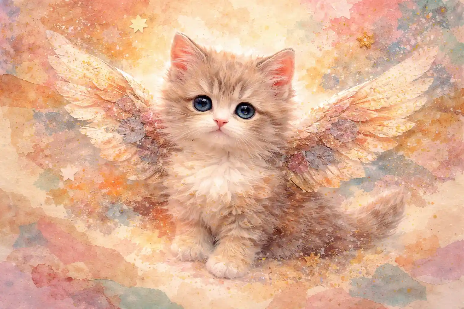 Collage fantasioso a tecnica mista di un gattino soffice con le ali