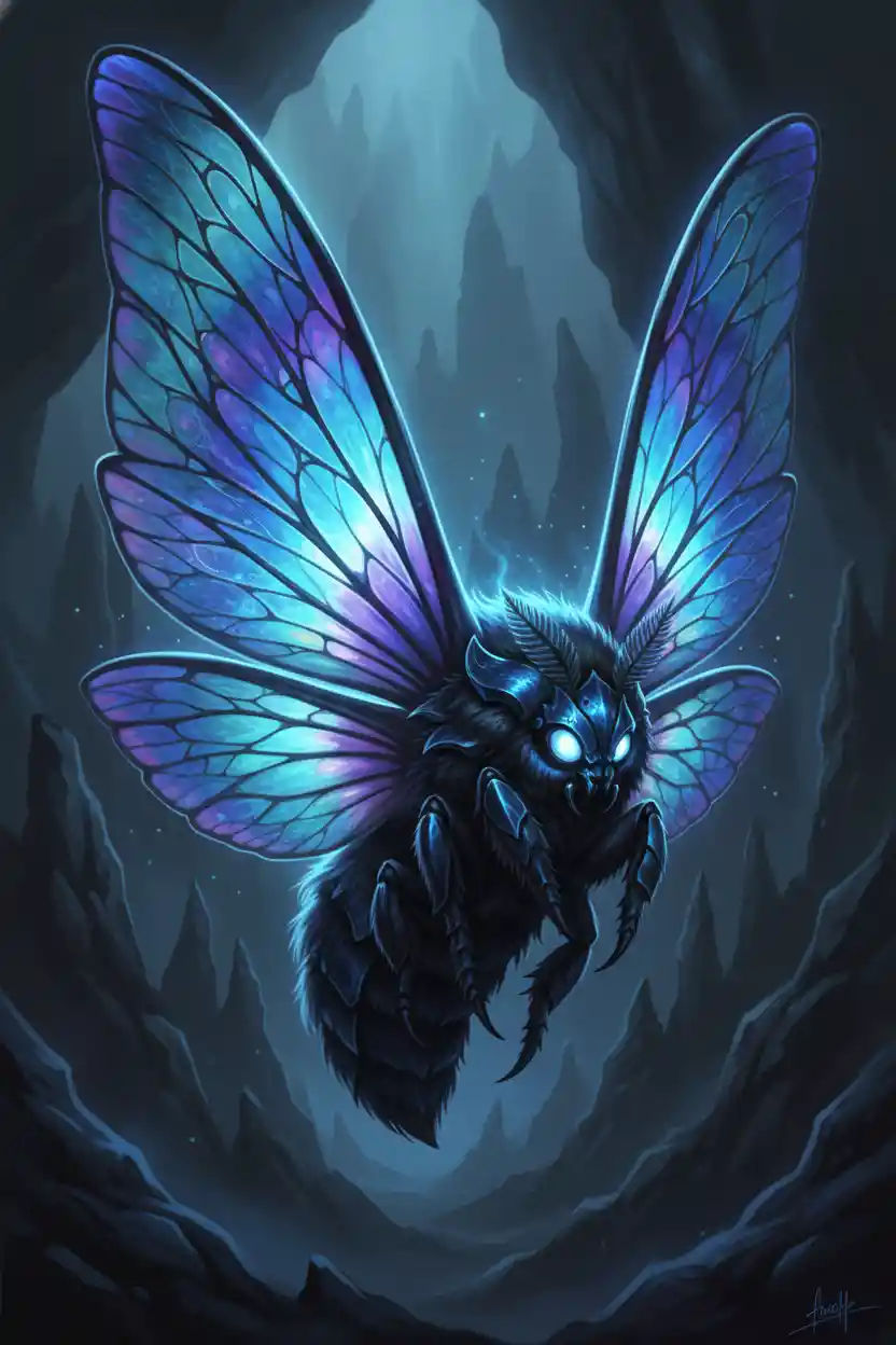 Maestosa falena fantasy con ali blu iridescenti e luminose