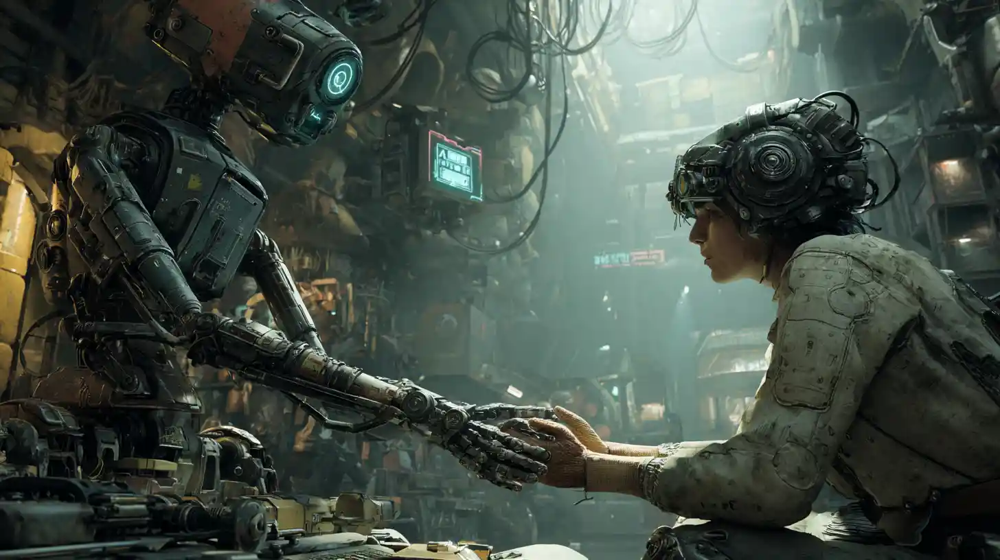 Cyberpunk engineer with floating repair drone in dusty workshop