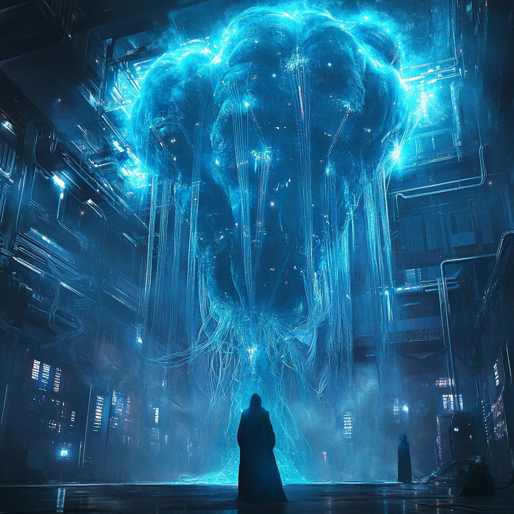 Oracle brain supercomputer with wired priestesses in foggy hall