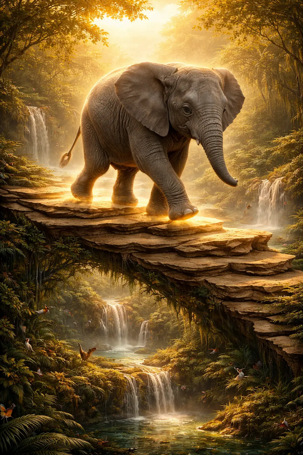 Baby elephant walking gently above a lush jungle world