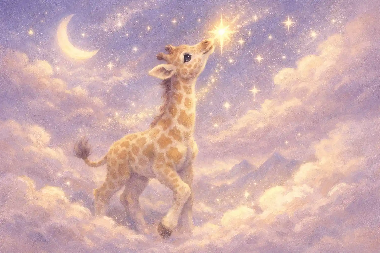 Baby giraffe reaching for glowing stars in dreamy sky