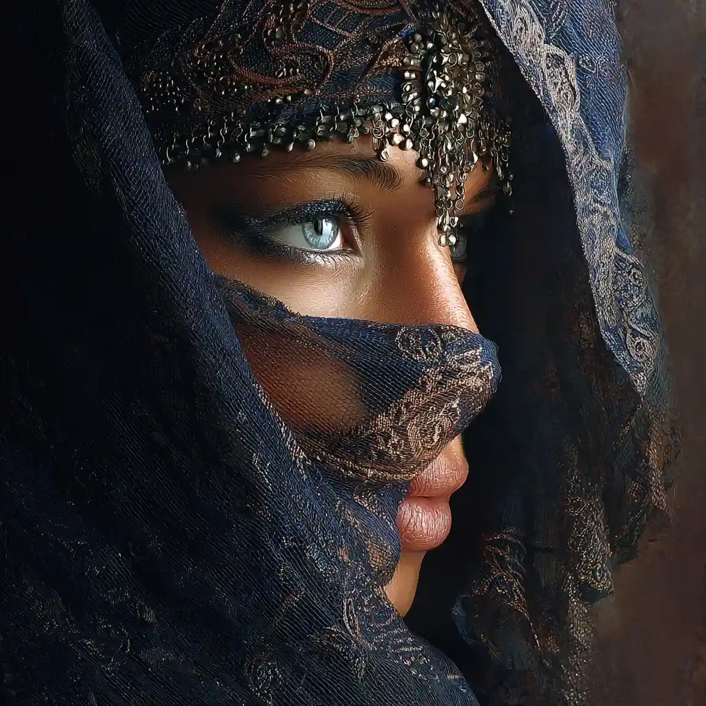 Young Palestinian woman in traditional dress with longing gaze