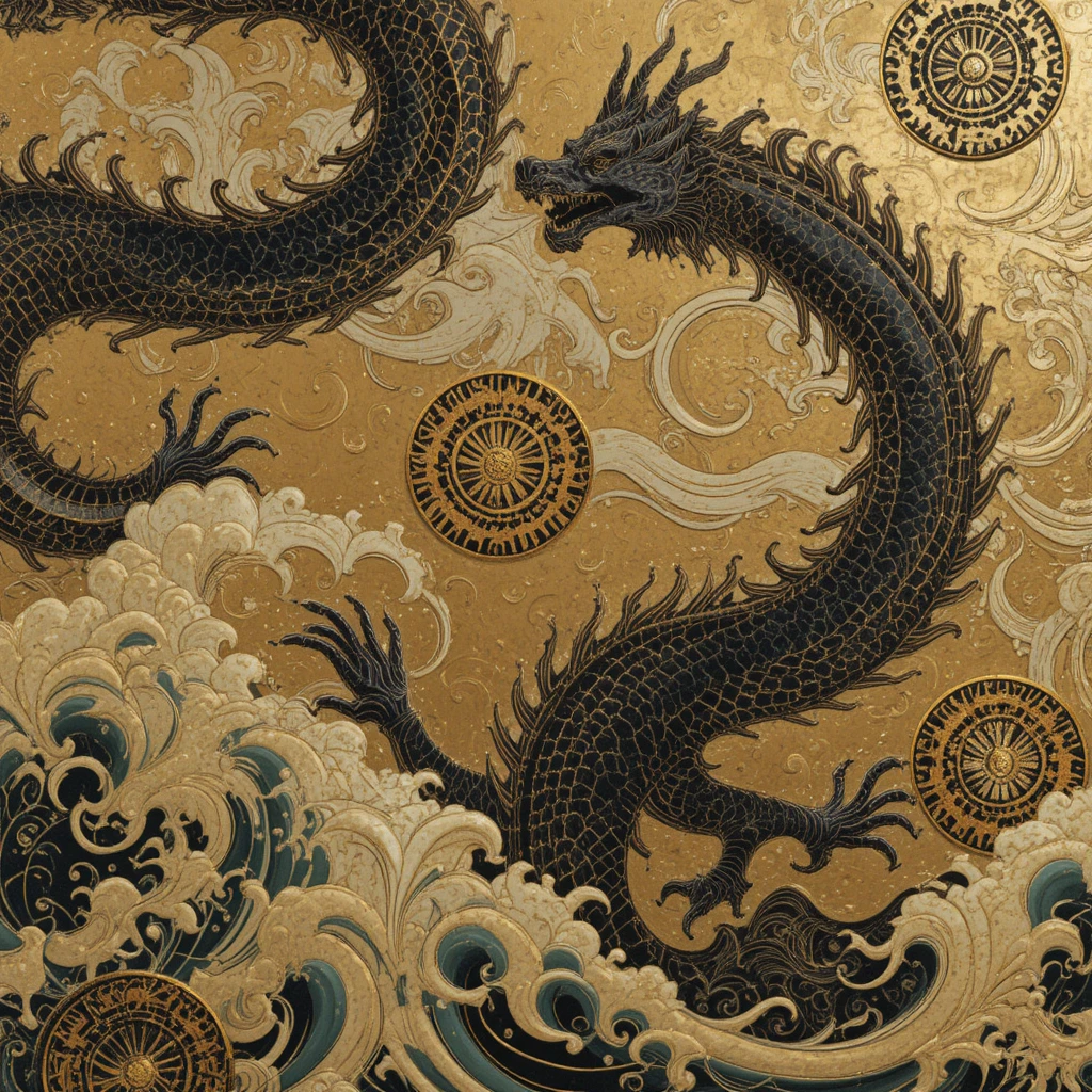 Close up Japanese painting of dragons among stylized waves