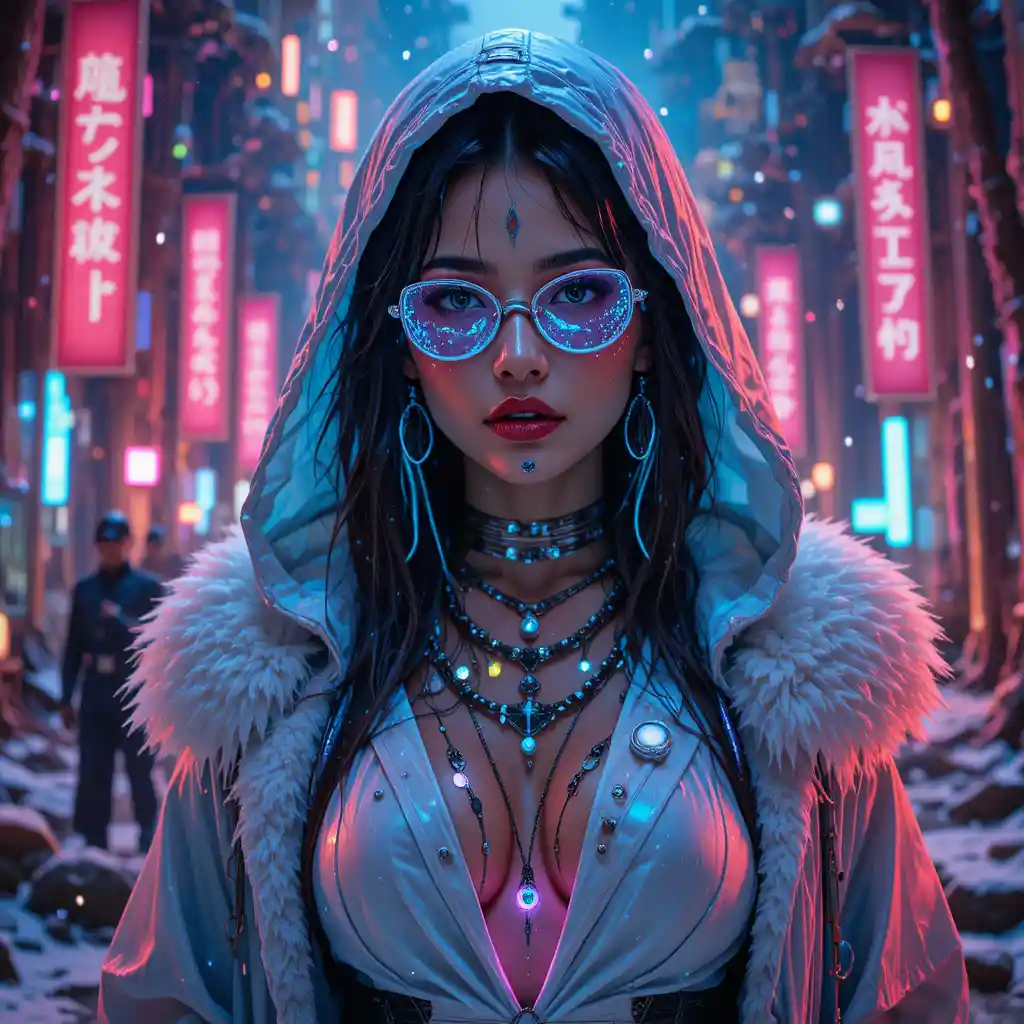 Neon-gekleidete Cyberpunk-Frau in einem leuchtenden Wald