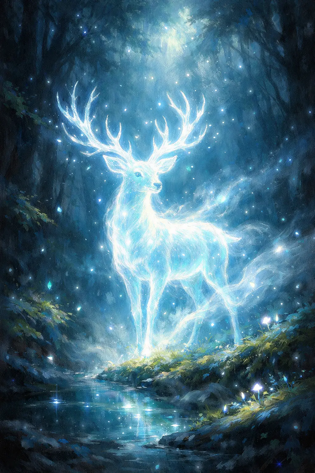 Glowing Spirit Deer In An Enchanted Night Forest
