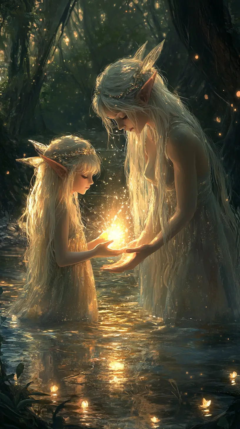 Madre e hija elfas junto a un arroyo luminoso en el bosque