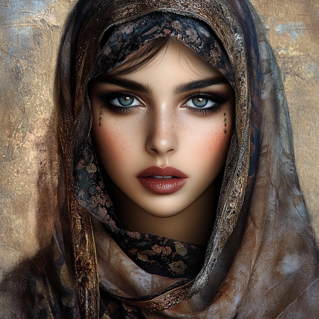 Femme palestinienne en tenue traditionnelle au regard bleu plein de nostalgie