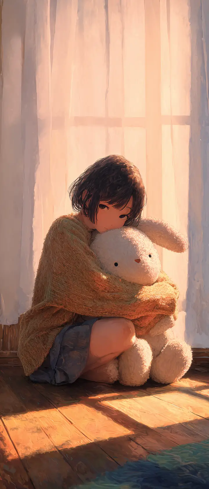 Young woman hugging stuffed rabbit in empty bedroom
