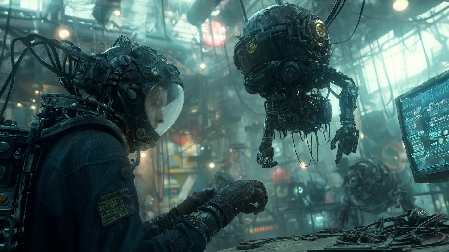 Cyberpunk engineer with floating repair drone in industrial den
