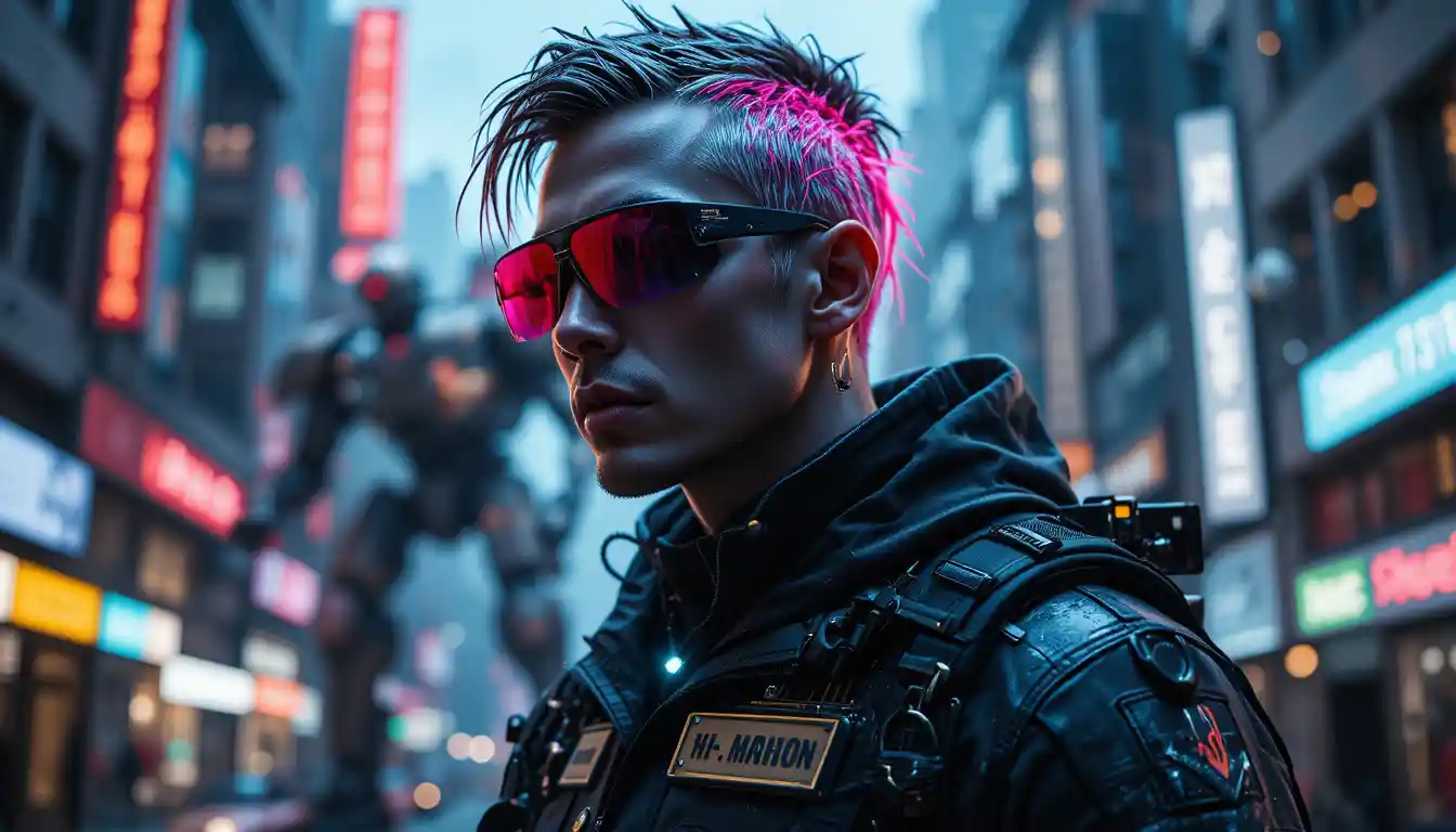 Futuristic cyberpunk man with weapon in studio portrait