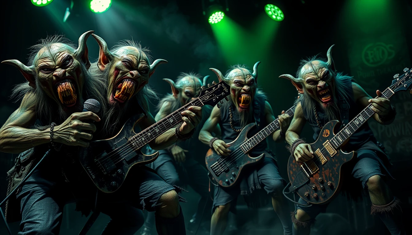 Band metal di folletti malvagi che ringhia su un palco fumoso