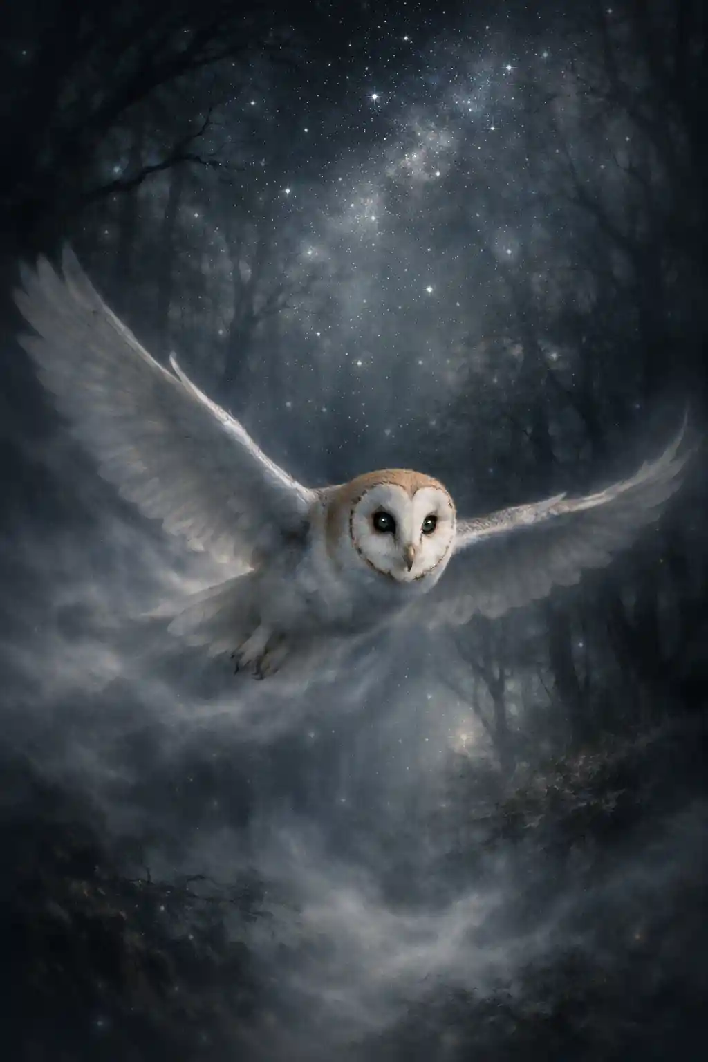 Barn owl gliding silently through starlit misty forest